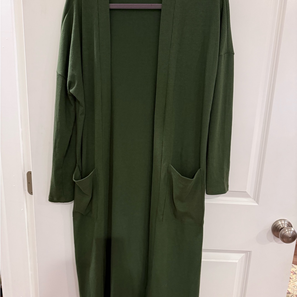 Carly Jean Long Green Open Ribbed Cardigan Women Size Small